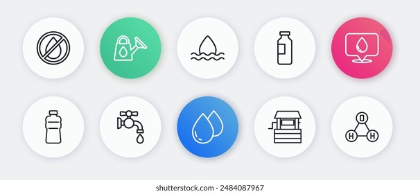 Set line Water drop, with location, Bottle of water, Well, Chemical formula H2O and tap icon. Vector