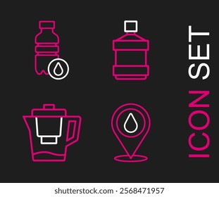 Set line Water drop with location, jug filter, Big bottle clean water and Bottle of icon. Vector