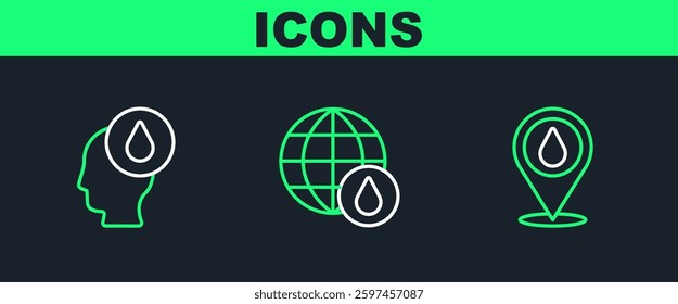 Set line Water drop with location,  and Earth planet in water icon. Vector