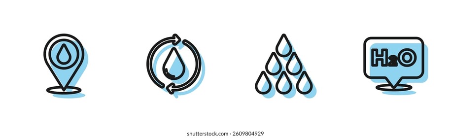 Set line Water drop, with location, Recycle clean aqua and Chemical formula for H2O icon. Vector