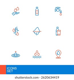 Set line Water drop with location, Bottle of water glass, Test tube, Iceberg, tap and  icon. Vector