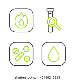 Set line Water drop, Medicine pill or tablet, Test tube and flask and Fire flame icon. Vector