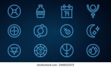 Set line Water drop, Moon and stars, Calendar, Solar system, Earth globe, Gemini zodiac, Venus symbol and Bottle of water icon. Vector