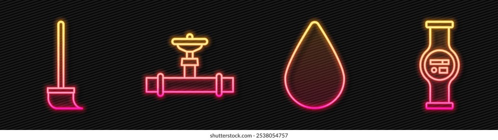 Wassertropfen, Mopp, Industrierohr und -ventil und Wasserzähler. Leuchtendes Neonsymbol. Vektorgrafik