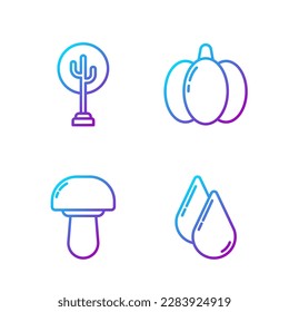 Set line Water drop, Mushroom, Tree and Pumpkin. Gradient color icons. Vector