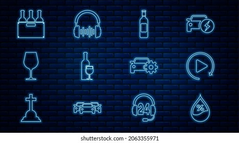 Set line Water drop percentage, Video play button, Bottle of wine, Wine bottle with glass, Bottles box, Car service and Headphone and sound waves icon. Vector