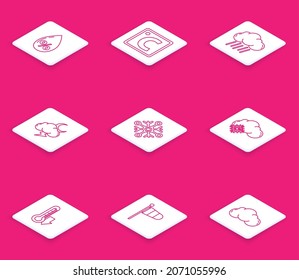 Set line Water drop percentage, Celsius, Cloud with rain, Storm, Snowflake, snow, Thermometer and Cone meteorology windsock wind vane icon. Vector