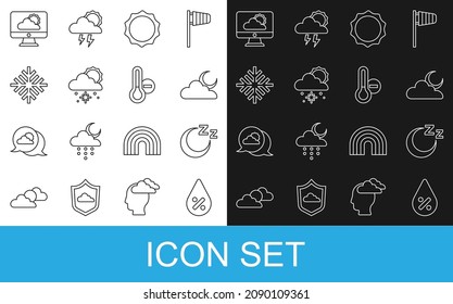 Set line Water drop percentage, Time to sleep, Cloud with moon, Sun, snow and sun, Snowflake, Weather forecast and Meteorology thermometer icon. Vector