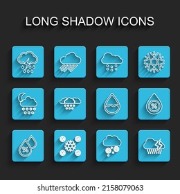 Set line Water drop percentage, Snow, Cloud with rain and lightning, snow,  and  icon. Vector