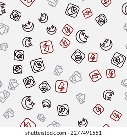 Set line Water drop percentage, Moon and stars, Weather forecast app and Lightning bolt on seamless pattern. Vector