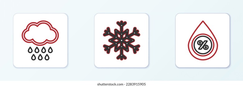 Set line Water drop percentage, Cloud with rain and Snowflake icon. Vector