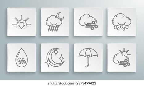 Set line Water drop percentage, Cloud with rain and moon, Moon stars, Classic elegant opened umbrella, Windy weather,  and Sunset icon. Vector