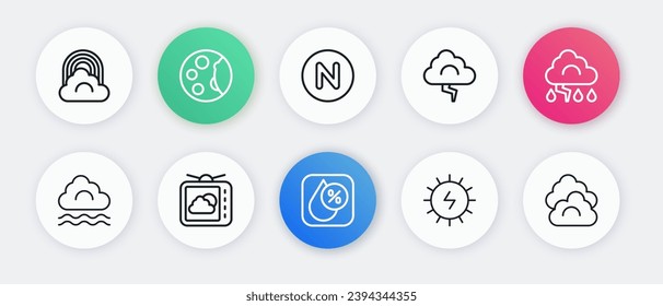 Set line Water drop percentage, Cloud and lightning, Fog cloud, Solar energy panel, Compass north,  and Weather forecast icon. Vector