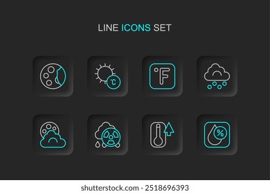 Definir linha Percentual de queda de água, Termômetro, Nuvem radioativa de chuva ácida, Nuvem com lua, Granizo, Fahrenheit, Sol e ícone das fases da Lua. Vetor
