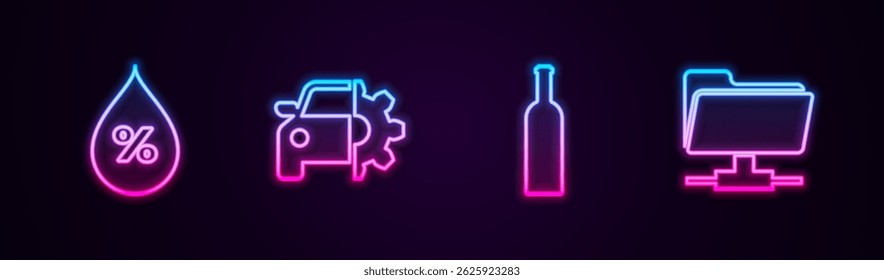 Set line Water drop percentage, Car service, Bottle of wine and FTP folder. Glowing neon icon. Vector