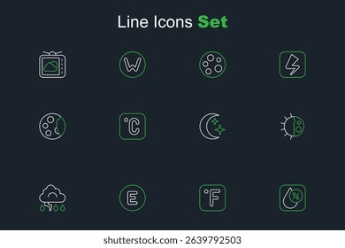 Set line Water drop percentage, Fahrenheit, Compass west, Cloud and lightning, Day night cycle, Moon stars, Celsius and phases icon. Vector