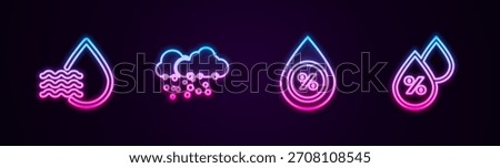 Set line Water drop percentage, Cloud with snow,  and . Glowing neon icon. Vector