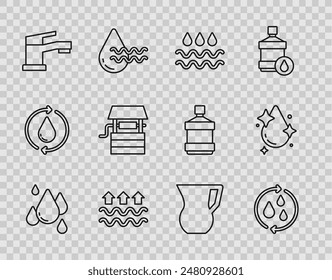 Set line Water drop, Recycle clean aqua, Wave with water, Waves of and evaporation, tap, Well bucket, Jug glass and  icon. Vector