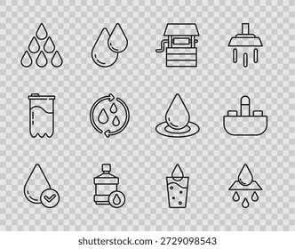 Set line Water drop, Recycle clean aqua, Well with bucket, Big bottle water, Glass and Washbasin tap icon. Vector
