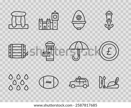 Set line Water drop, Robin hood hat, British police helmet, Rugby ball, Stonehenge, London mail box, Taxi car and Coin money with pound icon. Vector