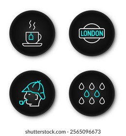 Set line Water drop, Sherlock Holmes, London sign and Cup of tea with tea bag icon. Vector