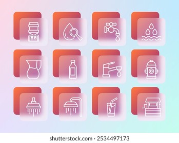 Definir linha Água gota, Chuveiro, torneira, Vidro com água, Garrafa de, refrigerador e Drop e ícone de lupa. Vetor