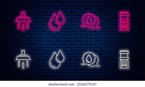 Set line Water drop, , Shower and cooler. Glowing neon icon on brick wall. Vector