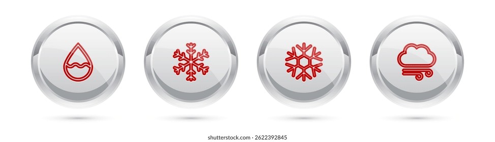 Set line Gota de agua, Copo de nieve y Clima ventoso. Botón de círculo plateado. Vector