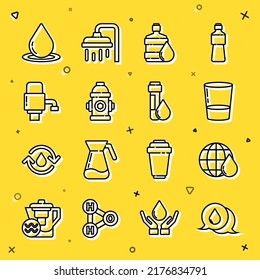 Set line Water drop with speech bubbles, Earth planet in water, Glass, Big bottle clean, Fire hydrant, Mechanical pump for,  and Test tube icon. Vector