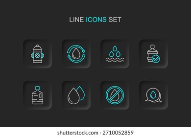 Set line Water drop with speech bubbles, forbidden, Big bottle clean water, Recycle aqua and Fire hydrant icon. Vector