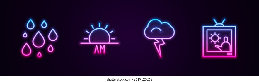 Set line Water drop, Sunrise, Storm and Weather forecast. Glowing neon icon. Vector