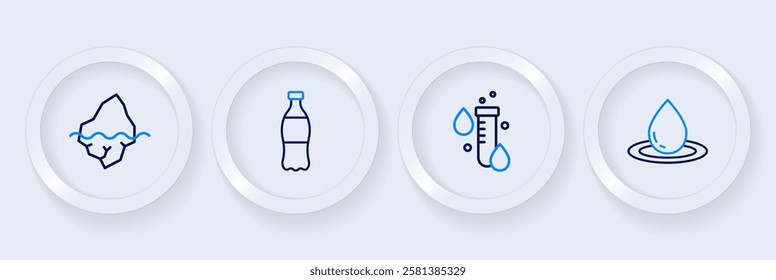 Set line Water drop, Test tube with water, Bottle of and Iceberg icon. Vector