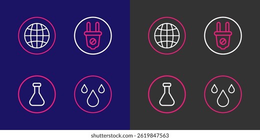 Set line Water drop, Test tube and flask, Electric plug and Social network icon. Vector