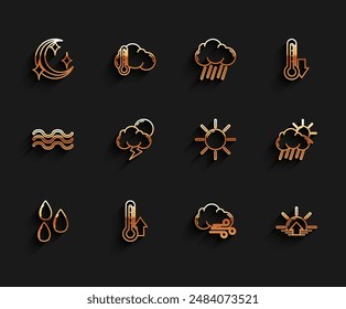 Set line Water drop, Thermometer, Moon and stars, Windy weather, Sunrise, Storm, Cloud with rain sun and  icon. Vector