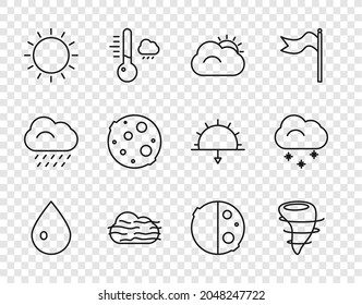 Set line Water drop, Tornado, Sun and cloud, Fog, Moon, Eclipse of the sun and Cloud with snow icon. Vector