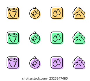 Fijar la línea Agua caída, Tornado, Compass y Nube icono. Vector