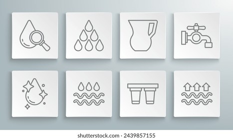 Set line Water drop, Wave with water, filter, Waves of and evaporation, Jug glass, tap and Drop magnifying icon. Vector