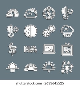 Linha Set Queda de água, Previsão do tempo, Nuvem com chuva, Bússola, Eclipse do sol, Termômetro de meteorologia, Nuvens de arco-íris e globo e ícone da Terra. Vetor