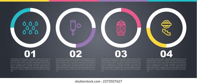 Set line Water drop, Wood cricket bat and ball, Big Ben tower and London underground. Business infographic template. Vector