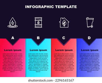 Set line Water energy, Bio fuel barrel, Eco friendly house and Trash can. Business infographic template. Vector