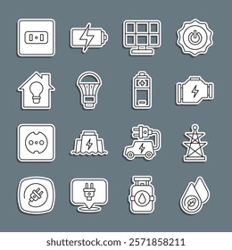 Set line Water energy, Electric tower, Check engine, Solar panel, LED light bulb, Smart house and, Electrical outlet and Battery icon. Vector