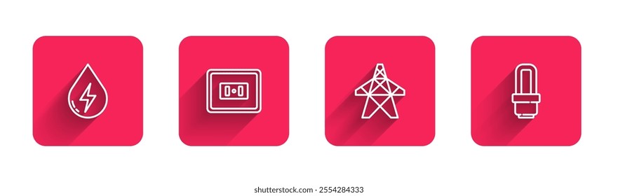 Set line Water energy, Electrical outlet, tower and LED light bulb with long shadow. Red square button. Vector