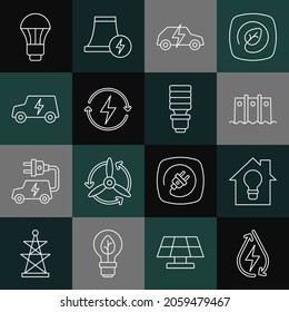 Set line Water energy, Smart house and light bulb, Hydroelectric dam, Electric car, Recharging, LED and  icon. Vector