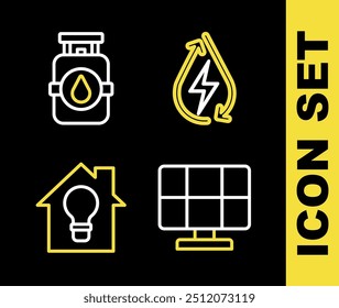 Set line Water energy, Solar panel, Smart house and light bulb and Propane gas tank icon. Vector
