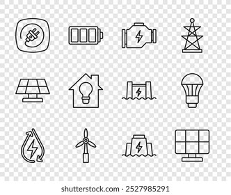 Set line Water energy, Solar panel, Check engine, Wind turbine, Electric plug, Smart house and light bulb, Hydroelectric dam and LED icon. Vector