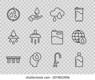 Set line Water filter, Big bottle with clean water, Cloud rain, drop, Recycle aqua, Shower, tap and Earth planet icon. Vector