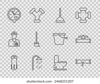 Filtro de agua, tubería rota con fugas de agua, émbolo de goma, ducha, medidor, fregona, inodoro e icono de industria y válvula. Vector