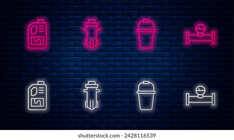 Filtro de agua, cubo, botella de drenaje del limpiador y tubo de la industria y manómetro. Icono de neón brillante en la pared de ladrillo. Vector