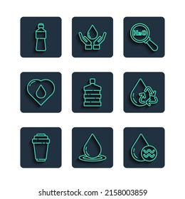 Set line Water filter cartridge, drop, Recycle clean aqua, Chemical formula for H2O, Big bottle with water, Heart, Bottle of and  icon. Vector