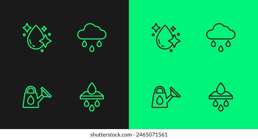 Set line Water filter cartridge, Watering can, drop and Cloud with rain icon. Vector